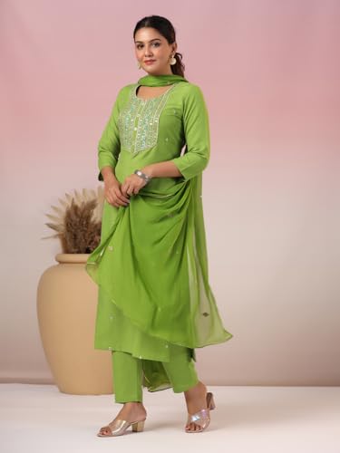 Image of GoSriKi Women's Cotton Blend Embroidered Kurta Set with Pant & Dupatta - Straight Calf‑Length, 3 /4 Sleeve, Round Neck - Elegant Ethnic Attire (5 Colors, S-5XL)