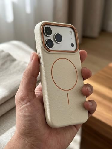 Image of amazon basics Luxury MagSafe Compatible Leather Texture Back Cover for iPhone 17 Pro Max | Raised Camera Protection | Slim Fit Shockproof Case with Metallic Accents (White)