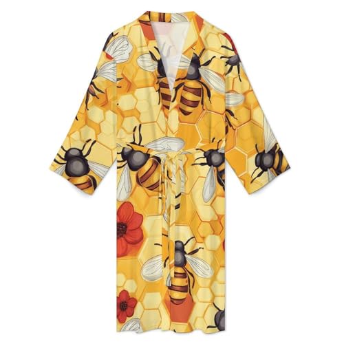 Bees Honeycomb Flowers Men's Robe Long Sleeve V Neck Bathrobes Printed Sleepwear Robes with Belt3