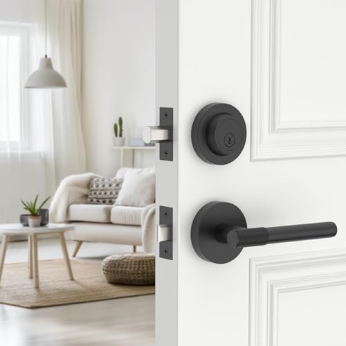 Amerdeco Front Door Lock Set with Double Cylinder Deadbolt, Black Exterior Entry Door Lever, Heavy Duty Entry Door Locksets for Left or Right Hand Exterior Door（Black 1 Pack）