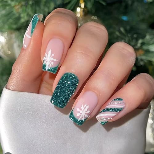 Green Christmas Press on Nails Medium Square Fake Nails Holiday Nails Press ons with Candy Stripe,Snowflake,Bow Design Reusable Artificial Nail Full Cover Stick on Nails for Women Manicure 24Pcs