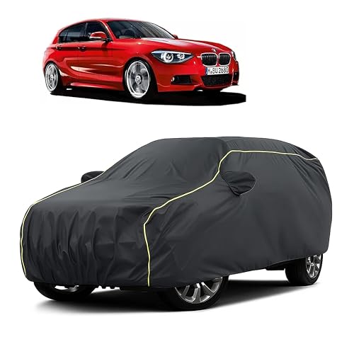 Image of Sulfar 100% Water Resistant Car Body Cover Compatible with Mirror for BMW 118 (Triple Stitched, Full Bottom Elastic, Dark Grey Taffeta with Yellow Piping)