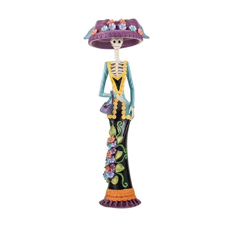Figura Catrina Multicolor con Flores de Resina Pintada a Mano de 34 cm