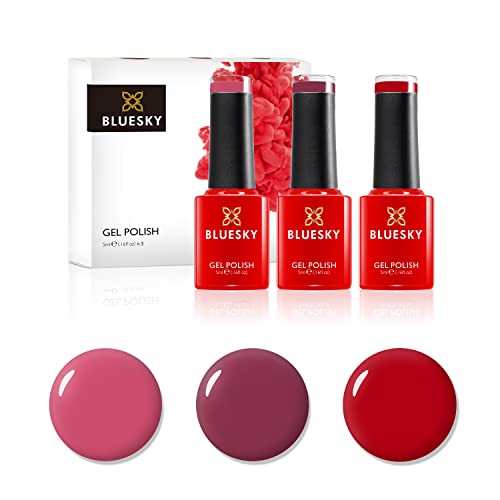 Bluesky Juego de esmaltes de uñas en gel, rojo, caja de pilares roja D160, Tropix 80505, Decadence 80525, 3 x 5 ml, (requiere curado bajo lámpara UV o LED) Cover