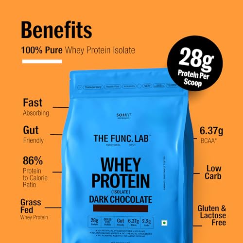 Image of The Func. Lab Whey Protein Isolate - Dark Chocolate | 500g | Grass‑Fed, 28g Protein, 6.37g BCAA per Scoop | High Protein Supplement for Muscle Growth, Digestion and Absorption Support