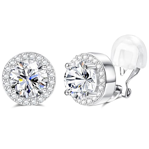 Sllaiss Clip On Orecchini per le Donne - Earrings with Zirconia Cubes e Perle - Clip Non Forato e Dell'Orecchio in Oro e Argento Zirconia