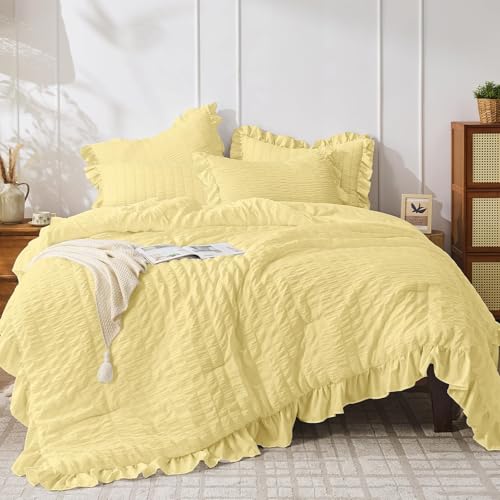Image of JOLLYVOGUE Light Yellow Twin /Twin XL Comforter Set, 2 Pieces Seersucker Lightweight Fluffy Bedding Set, Twin Ruffle Comforter, All Season Soft Microfiber Shabby Chic Bed Set