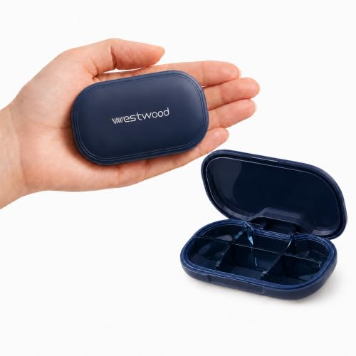 HyJeryty 6-Compartment Pill Organizer - Small Compact Travel Pill Case for Vitamins, Medication and Supplements - Portable Blue Medicine Pill Box with Stylish Design