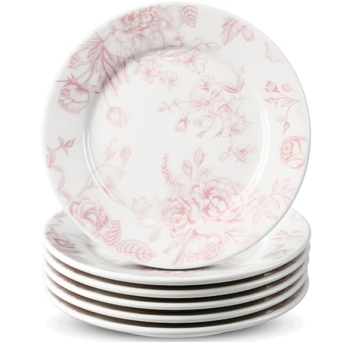Honeydak 6 Pcs 6 Inch Pink Floral Flower Ceramic Plates Pink and White Porcelain Salad Serving Plate Vintage Dinner Appetizer Dessert Dishes Tableware for Wedding Birthday Tea Party Table Supplies