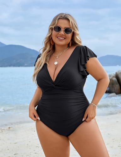 Blooming Jelly Womens Tummy Control Bathing Suit One Piece Plus Size Swimsuits Lace Up Back Ruffle Swim Suits 20253