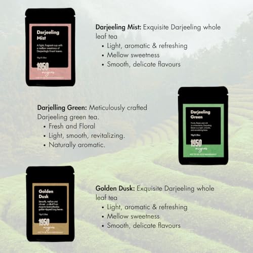 Image of 1950 Origins Whole Leaf Tea Sampler Pack | Premium Black & Green | Assorted Tea Pack | Pure Assam & Darjeeling Leaves | 100% Natural Loose Leaf | Aromatic, Flavourful and Fresh | 10g x 6 packs