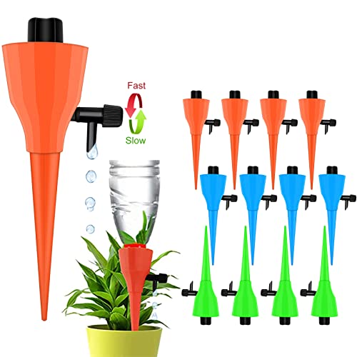 OZMI Plant Self Watering Spikes Devices, 12 Pack Automatic Irrigation Equipment Plant Waterer with Slow Release Control Valve, Adjustable Water Volume Drip System for Vacation Plant Watering