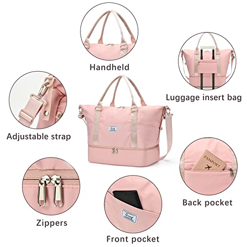 Gym Bags For Women Sport Duffel Bag With Toiletry Bag Shoulder Weekender Bags With Shoe Compartment Carry On Duffle Travel Bags Large Capacity Overnight Bags(Pink With Make Up Bag) #TOP3