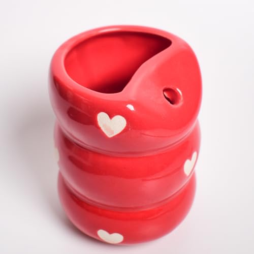 Image of Sip Bubble Ceramic Tumbler with Stainless Steel Straw | Red Heart Pattern, Handmade, Drinkware | 220 ML