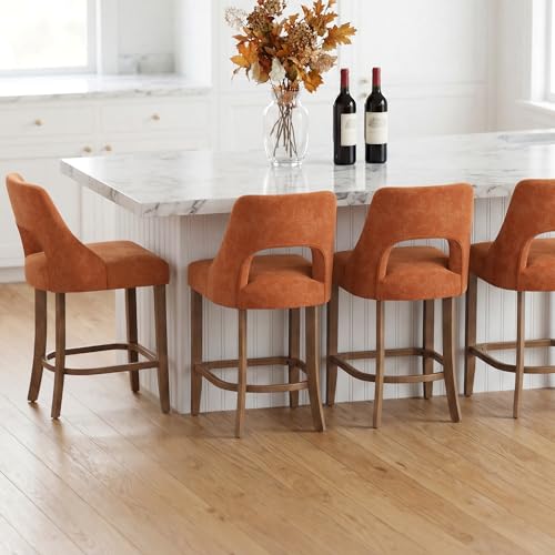 Image of UVV Bar Stools Set of 2, Upholstered Counter Height Bar Stools, Modern Counter Stools with Wood Legs for Kitchen Island Dining Room Bar, Orange