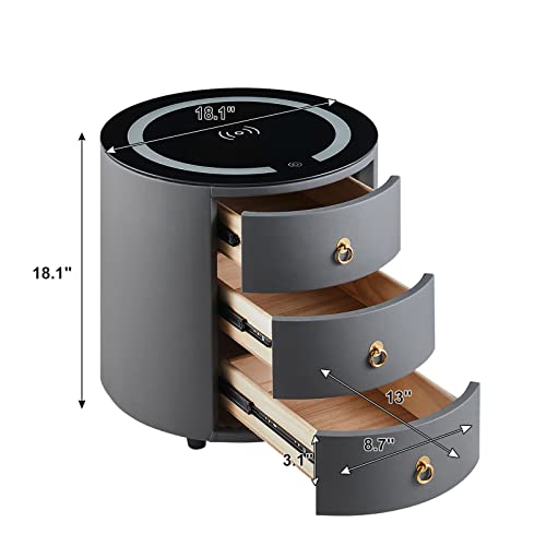 Tukailai Nightstand With Wireless Charging Station And Led Light, Modern Faux Leather Surface Bedside Cabinet With 3 Drawers, Smart End Side Table For Bedroom Living Room (Dark Grey) #TOP6