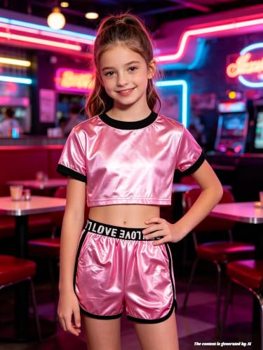 Image of Betusline Girls Summer 2 Piece Outfits,Kids Short Sleeve Crop Top & Shorts Set with Side Pockets