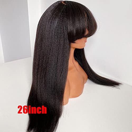 26inch 9A Grade Yaki Straight Human Hair Wigs with Bangs for Women 130% Density Scalp Top Base None Lace Glueless Kinky Straight Human Hair Wig with Bang Pre Plucked Baby Hair Brazilian Remy Hair
