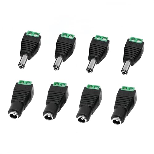 JZK 8X 5.5mm x 2.1mm connettore adattatore alimentazione CC, connettore terminale a vite maschio e femmina, adattatore spina CC e jack per telecamera sicurezza CCTV, strisce LED (4 femmine + 4 maschi)