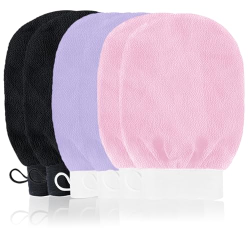 URAQT Guante Exfoliante Corporal, 6pcs Manoplas Exfoliantes, Guante Crin Ducha Unisex, guantes de ducha, Exfoliante Ducha en Belleza, accesorios de baño para Limpiar Euerpo, color negro, rosa, morado