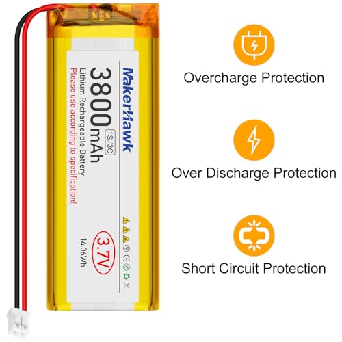 MakerHawk 3.7V 3800mAh LiPo Battery Rechargeable 1S 3C 113386 Lithium Polymer Battery with Dual Battery Protection Board, Micro JST 2.0 Plug for IoT PDA Camera GPS Smart Development(1 Pack)
