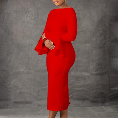 Women Fashion Solid Color Flare Long Sleeve Dress Elegant Round Neck Bodycon Midi Pencil Dress Business Party Cocktail (Color : Red, Size : Large)4