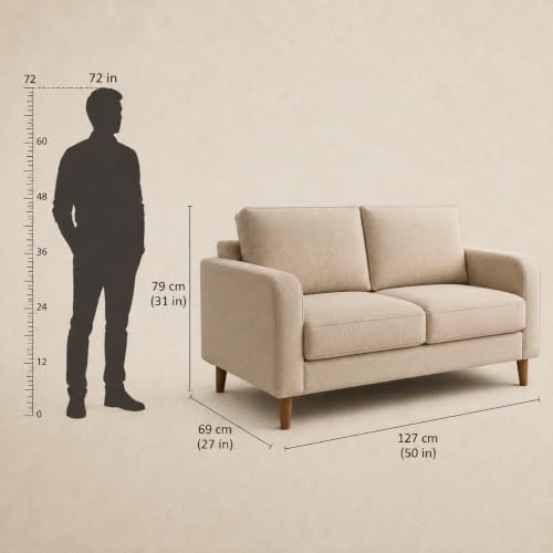 Image of Modern 2 Seater Fabric Sofa for Living Room | Upholstered Loveseat Couch with High-Density Foam Cushions | Durable Wooden Frame & Metal Legs | Comfortable Sofa for Bedroom, Office & Lounge | Beige
