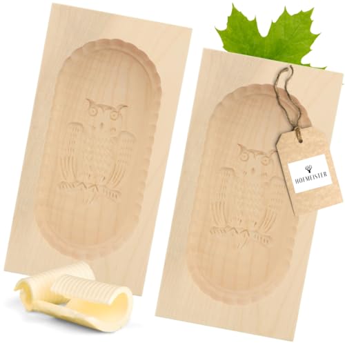 HOFMEISTER® Lot de 2 moules à beurre, pour 250 g de beurre, 19 cm, en forme de chouette, sculptés à la main en Allemagne, pour décorer, forme carrée, modèle de beurre en bois d'érable local