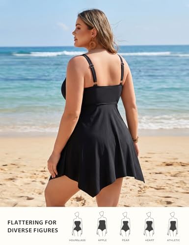 Hanna Nikole Women Plus Size One Piece Swimsuit Tummy Control Bathing Suit Flowy Black Swimdress Elegant Swimwear Beach 1X - 2