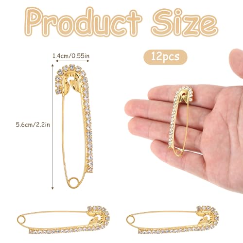 Image of 12 PCS Fancy Safety Pins, Rhinestone Gold and Sliver Safety Pins Large, Decorative Brooch Pins for Clothing, Women Crystal Brooch Pin for Clothes Hats Shawl