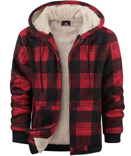 Image of Mens Plaid Hoodies Winter Zip Up Fleece Jacket Sherpa Fleece Lined Warm Flannel Jacket Coat