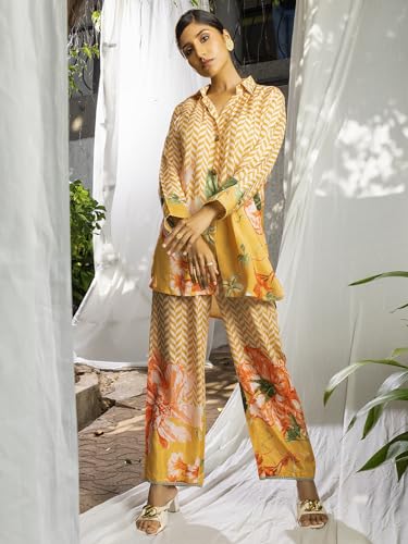 Image of Women's Printed Silk Blend Co-Ord Set Long Sleeves Shirt and Trouser Set for Women | Ethnic Co-Ord Set (RWDROUT1041)