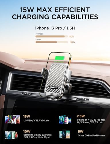 Image of JOYMASS Wireless Car Charger, 15W Fast Charging Auto Clamping Car Charger Cell Phone Holder Mount Vent for iPhone 15 14 13 12 Mini Pro Max, Samsung Galaxy S24 Ultra S23 S22 S21+ Note 20, etc - Silver