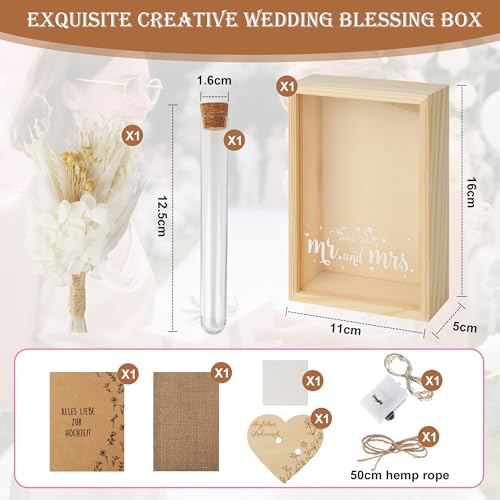 Hochzeitsgeschenke für Brautpaare,Geldgeschenk Hochzeit,Mr und Mrs Geschenkbox inklusive Getrocknete Blumen,Holzbox,Kunststoff Reagenzglas,Lichterketten,Liebe Holz,Grußkarte,0.5m Seil,Kreatives