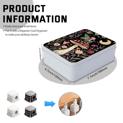 Image of Metal Tin Box with Lid for Game Cards Home Organizer Candles Keys Crafts Storage - Equipped with 4 Magnetic Cord Clips,Mushroom Fairy and Moon