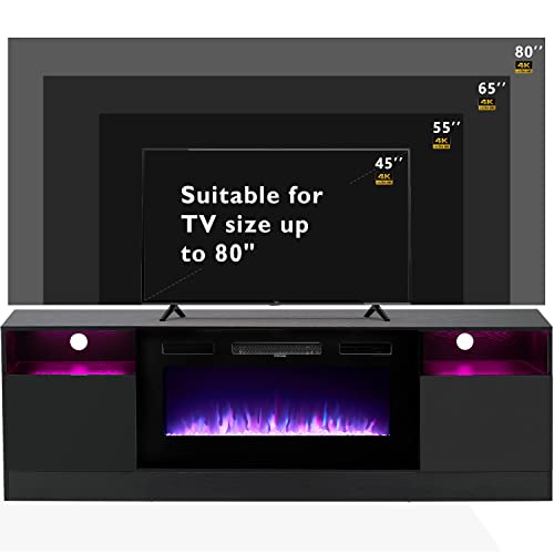 Breezestival Fireplace Tv Stand With 36" Electric Fireplace, 70" Modern Wood Texture Entertainment Center With Led Light And Fireplace, 2 Tier Tv Console Cabinet For Tvs Up To 80", Black #TOP3
