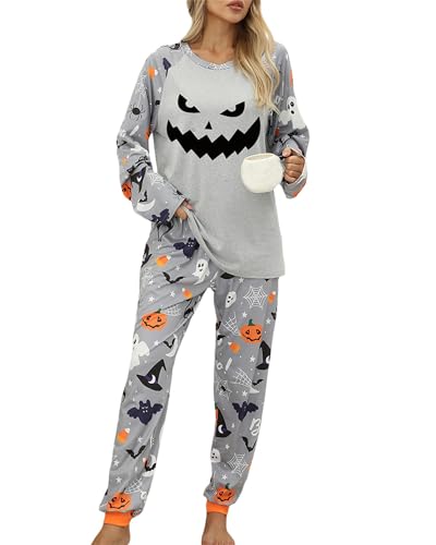Felcia Women's Halloween Pajamas Sets Ghost Pumpkin Print Long Sleeve Round Neck Tops with Elastic Waist Long Pants (A-Gray, L)