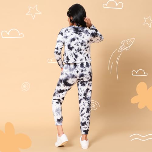 Image of TeenTrums Tie Dye Black Co-ord Set with Boat Neck Tshirt & Joggers, 100% Cotton, Fashion for Youth, Stylish Teen Fashion Collection, Tie Dye Set of Top & Bottom for Girls, Age 05 to 16 Years