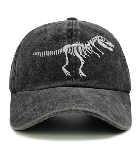 Qoyupuza Dinosaur Baseball Cap for Men Teens, Embroidered T Rex Skeleton Design Cotton Hat for Adults, Big Boys-Black