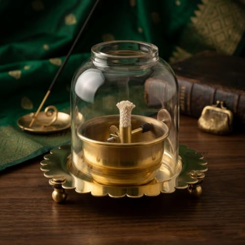 Brass Diya for Pooja with Glass Cover | Premium Brass Oil Lamp La...