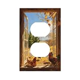 Jszwcy Decorative Outlet Covers Rustic Countryside Roosters Wood Window 1 Gang Duplex Light Switch Cover Plate Unique Wall Plates for Electrical Outlets Switch Plate Covers for Farmhouse Decor