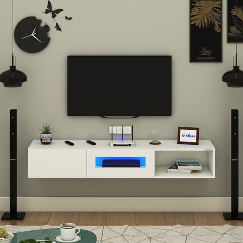 Image of Anikaa Strix Wall Mount Modern Floating TV Unit for Living Room with 3 Storage Cabinet & Blue LED Light (Ideal for 32 to 55 inch TV, DIY Installation, White Finish)