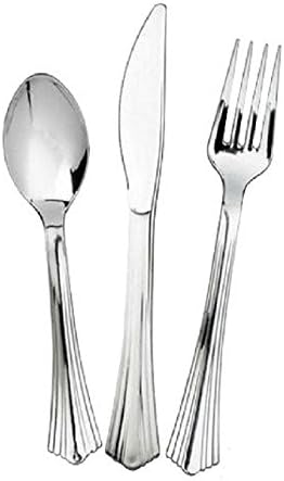 100 Sets Silver Plastic Silverware, Silver Look Cutlery Combo of 300 Pieces Includes 100 Forks, 100 Knives, 100 Spoons