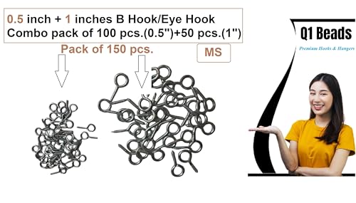 Image of Q1 Beads Metal 150 Pcs. Combo B Hook Eye Hook Screws, Screw in Eye Hooks for Wood, Securing Cables Wires, Self Tapping Eyelet Screw Eye Bolts for Indoor & Outdoor Use (0.5 inch, 1 inch)