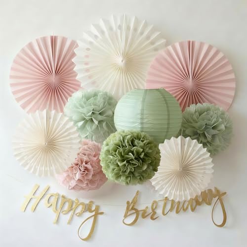 Image of EASY JOY Sage Green and Pink Party Decorations Green Birthday Decorations Sage Tissue Pom Poms Paper Lanterns White Paper Fans (11pcs) for Women Girls Birthday Wedding Bridal Shower Baby Shower