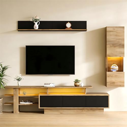Meuble TV Suspendu 3 en 1 avec LED - Meuble Télé Banc Moderne en Bois et Noir - Vitrine et Étagère Murale - 180x40x45 cm