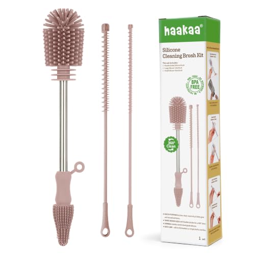 Image of Haakaa Silicone Cleaning Brush Kit - Baby Bottle Brush Cleaner for Breast Pump,Nipple,Breast Milk Storage Bag,Reusable Straw,Sippy Cup - Food Grade Silicone Bristles, Portable - 3 Pcs - Pink