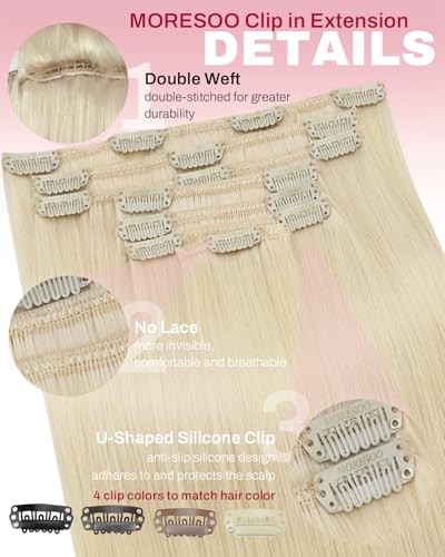 Image of Moresoo Long Blonde Clip in Hair Extensions 24 inch Golden Platinum Blonde Real Human Hair Extensions Clip ins Remy for Women Long Straight 120g /7pcs 24 inch