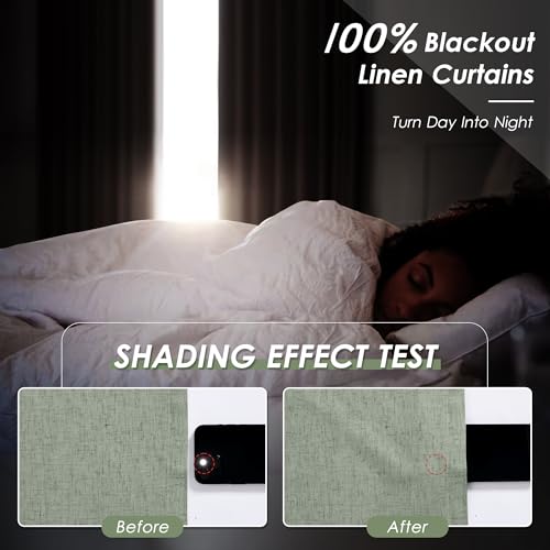 Image of Desert Sage 100% Blackout Linen Curtains 108 Inches Long for Bedroom Back Tab Thermal Insulated Modern Farmhouse Decor Black Out Curtain for Living Room Floor to Ceiling High Window 52x108, 2 Panels