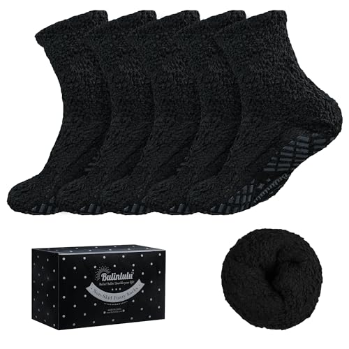 Image of Bulinlulu Fuzzy Socks With Grips for Women, 5 Pairs Non Slip Sleep Warm Fluffy Slipper Socks Gifts for Women